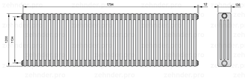 Схема (чертеж) Радиатор Zehnder Charleston 4120/39 №1270 Белый глянцевый RAL 9016